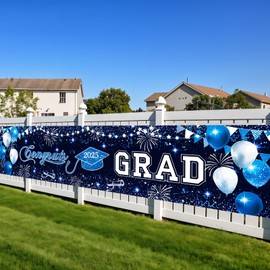 Jobkoo Congrats Grad Banner 2025 Graduation Banner Decorations, Large Fabric Navy Blue Silver Sign Banner Backdrop for High School College Photography & Grad Party Ceremony Supplies Indoor Outdoor