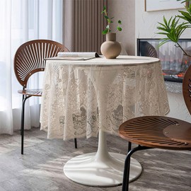 Beige Lace Tablecloth, Round, Vintage Floral Embroidered Tablecloth, Elegant Chic Overlay Tablecloth for Wedding, Banquet, Party, Dining Table Decor, Round, 190 cm / 75 Inches