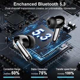 Wireless Earbuds, Bluetooth 5.3 Headphones with 4 ENC Noise Cancelling Mic, Mini Wireless Headphones in Ear Deep Bass, wireless Earphones 48H Playtime LED Display, Ear buds IP7 Waterpoof, USB-C, Black