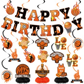 Basketball Party Decorations Basketball Party Supplies Include Basketball Happy Birthday Banner, Hanging Swirl, Honeycomb Centerpiece for Boys Kids Basketball Decorations Supplies