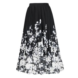 OBBUE Women's Chiffon Pleated Skirts Elastic High Waist A-line Midi Skirts for Casual Party Holiday Black White Flower L