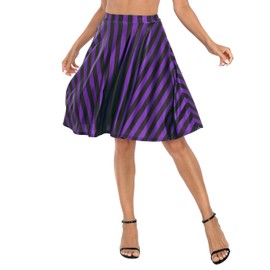 HDE Skirts for Women - Midi Skirt Skater Skirt Knee Length High Waist Fun Prints Black and Purple Vertical Stripes - XL