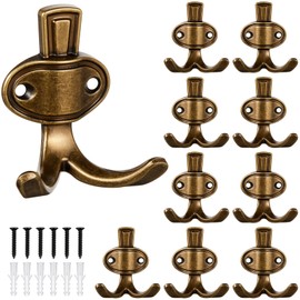 10 Pack Antique Brass Coat Hooks, Vintage Heavy Duty Hooks, Wall Hook for Hanging Coat, Scarf, Bag, Towel, Key, Cap, Hat, Cup for Bathroom, Dorm, Closet, Kitchen