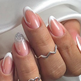 ANDGING White French Tip Press on Nails Almond Short Medium Glue on Nails with Bling Silver Designs Gel Manicure Fake Nails Fantasy Acrylic Glitter False Nails for Wedding Stick on Nails for Women