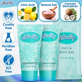 LavaPop - Travel Size Hotel Toiletries Bundle - Iris, Violet & Amber, 0.7 oz each, 200 Pcs - 4-Piece Set: 50 Rectangular Bar Soap, 50 Shampoo, 50 Conditioner & 50 Body Lotion - Bulk Small Toiletries