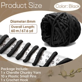 Biaungdo 100g 65.6yd Chenille Chunky Yarn for Crocheting, Black Soft Bulky Thick Fluffy Yarn Velvet Yarns for Knitting Blanket Crafts, with Plastic Small Pins & Crochet Hook
