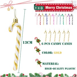13cm Gold White Candy Cane Christmas Decorations,6pcs Christmas Glitter Candy Cane,Xmas Tree Pendant Hanging Ornaments Plastic Candy Cane for Christmas Tree Decorations,Holiday New Year Party Decor