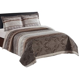 Royal Tradition Callisto Taupe Reversible Coverlets, King Over-Sized 3pc Quilt Set (110-Inch Wide x 96-Inch Long) Lightweight Bedspread