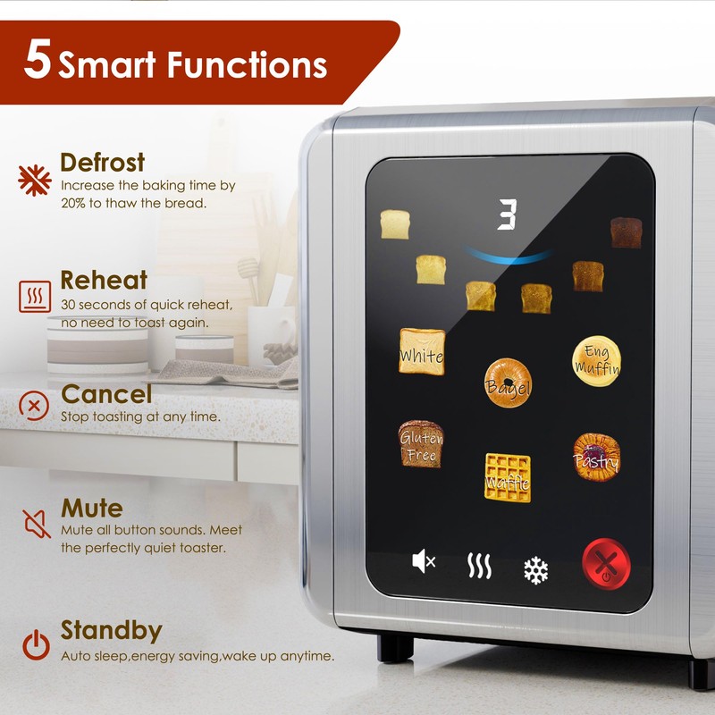 WHALL Full Touch Screen Toaster 2 Slice, 1.5'' Wide Slot