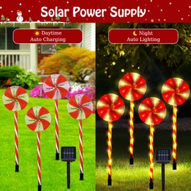 Lewondr 4 Pack Lollipop Christmas Decorations Outdoor,Solar Lighted Candy with Garden Stakes,Waterproof Garden Lawn Pathway with 2 Lighting Modes,Solar Christmas Yard Decor for Path,Xmas Party,Holiday