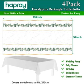 hapray 4 Pack Greenery Jungle Party Tablecloths for Rectangle Tables, Waterproof Disposable Party Table Cloths, Table Covers for Decorations, Tablecover (Eucalyptus, 54" x 108" (4 Pack))