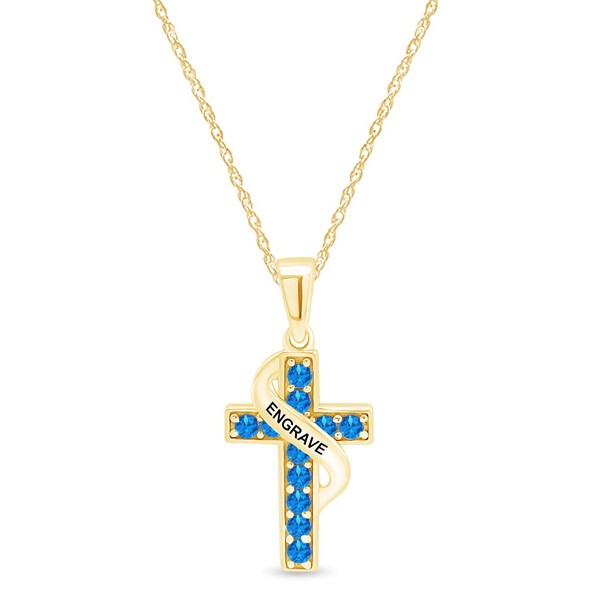 AFFY Round Simulated Blue Topaz Personalized Name Engraved Cross Pendant
