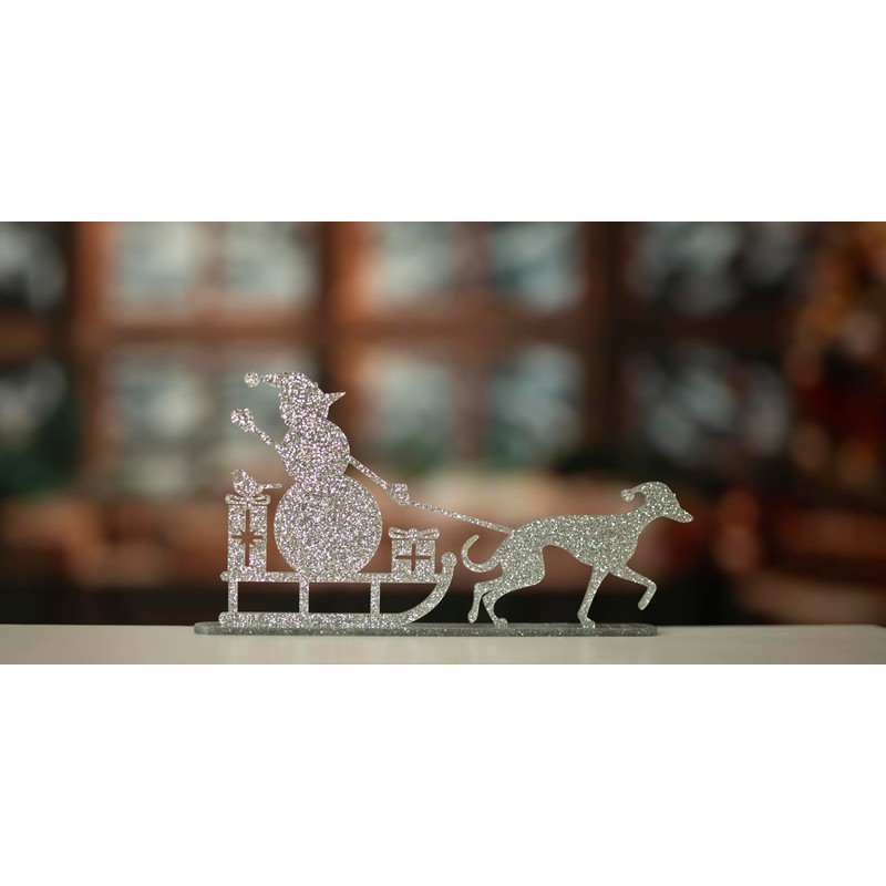 Whippet Greyhound Pulling Snowman on Sledge Silhouette Ornament - Handmade