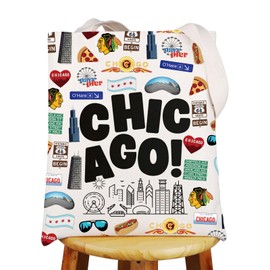 JNIAP Chicago City Canvas Tote Bag Chicago Travel Gifts Chicago Shoulder Bag Chicago Reusable Grocery Bags, Chicago, Large