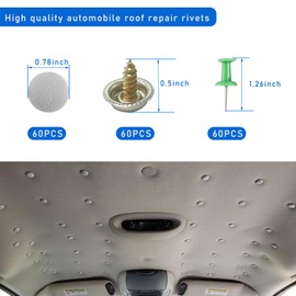 Dickno 60 PCS Car Roof Headliner Repair Kit, Auto Roof Snap Rivets Retainer with Installation Tool, Interior Ceiling Sagging Headliner Cloth Fixing Repair Buckle for All Vehicles (Gray Flannel)