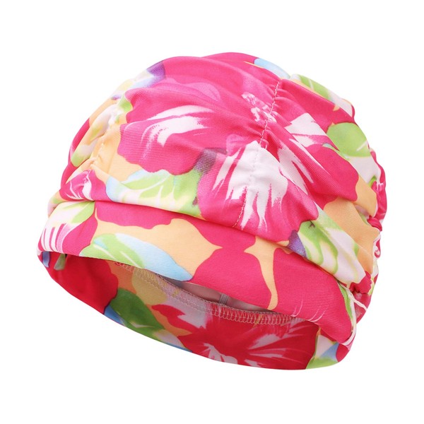 Baoxinjp Swim Cap, Quick Drying, Waterproof, Breathable, Pleat, Floral Pattern, Fit, Stretchy, Skin-friendly, Stylish, Swimming Cap, Women's, Swimming Cap, For Adults, Pools, Beaches, Swimming, Rosy