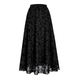 Verdusa Women's Y2k Gothic Flowy Skirts Boho Floral Print Mesh Going Out Outfits Long Skirt Black Medium
