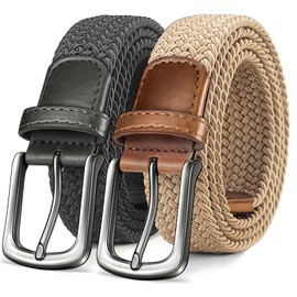 KEMISANT Men's Golf Belt 2 Pack-Braided Woven Stretch Belt for Gift Men Casual Jeans Sports Work 1 3/8"(Beige/Dark Gray,42"-46" Waist Adjustable)