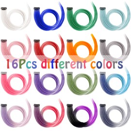 EuTengHao Colored Clip in Hair Extensions 22'' Colorful Straight Hair Extensions Clip on for Women and Kids Multi-Colors Party Highlights Streak Synthetic Hairpieces (16 Colors Set)