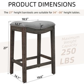 GOOLON Bar Stools Set of 3, Counter Height Stools Saddle Seat, 27” Vintage Linen Fabric Stools with Wood Legs and Nailhead Upholstered Seat for Kitchen Island, Gray