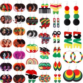 Quelay 36 Pairs Black History Month Earrings African Wooden Earrings for Women Juneteenth Double Sided Painted Earrings for June 19th Independence Day African Afro American Freedom Day Decoration