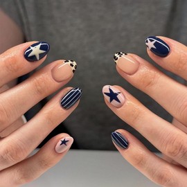 Short Nails Press on Oval French Tip Fake Nails Blue False Nails with Stars Stripes Leopard Print Designs Petite Acrylic Nail Cute Short Glossy Glue on Nail for Women Girls 24Pcs