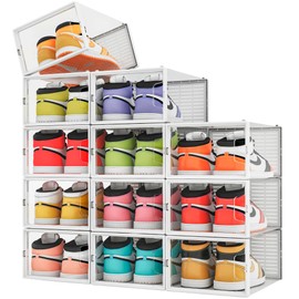 Gr3n House 12 pack Crystal Clear Shoe Storage Boxes, Ceramic White Stackable Shoe Storage – Shoe Organizer Space Saver for Closet, Bedroom. Plastic Shoe Box for Size up to US 11 (white) Sneaker Boxes