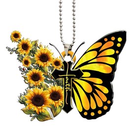 Butterfly Car Rearview Mirror Accessories,Yellow Butterfly Sunflower Christian Jesus Cross Car Mirror Decor Hanging,Butterfly Hanging for Home Car,Christian Religious Gifts for Women,Butterfly Gifts