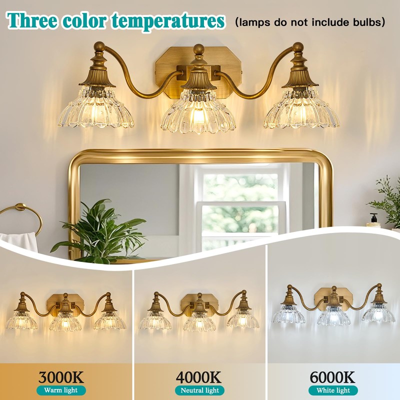 hesoge Vintage Bathroom Light Fixture Brushed Gold Vanity Light with