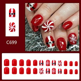 Christmas Press on Nails Short Square Fake Nails Red Xmas False Nails Snowflake Candy Design Glossy Glue on Nails Full Cover Artificial Acrylic Nails Christmas Nail Art Decorations for Women Girls