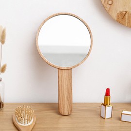 DYRABREST Handheld Makeup Mirror with Handle, HD Beauty Round Mirror with Wooden Frame, Salon Hairdress Makeup Hand Mirror