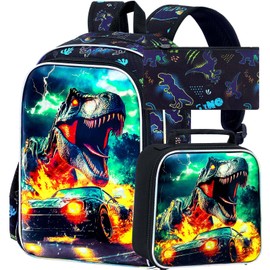 KLFVB 3PCS Dinosaur Bookbag for Boys Set, Water Resistant 16 Inch Preschool Backpack with Lunch Box - Sports Car Dinosaur