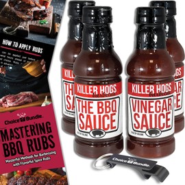 Killer Hogs The BBQ Sauce & Vinegar Sauce Premium 4 pk (64 oz) Great to Dip Toss Glaze & More + Barbecue Masters & Bottle Opener (6 Items)!