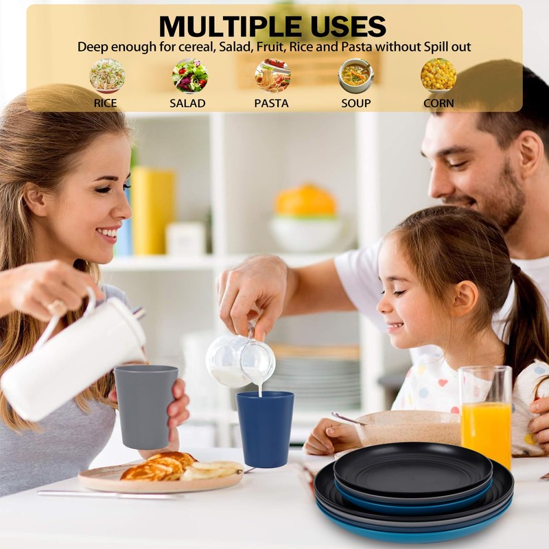 Rubtlamp 16Pcs Plastic Wheat Straw Dinnerware Set, Reusable Plastic Dishes