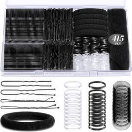 IKOCO Set De 415 Horquillas Para El Cabello, 200 Horquillas En Forma De U Y Ligas Elásticas Para El Cabello Con Redecilla, Color Negro.
