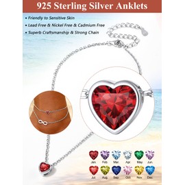 Silver Heart Ankle Bracelets, Women's Sterling Silver Birthstone Anklet Chain Adjustable, Shiny January Stone Anklets for Ladies