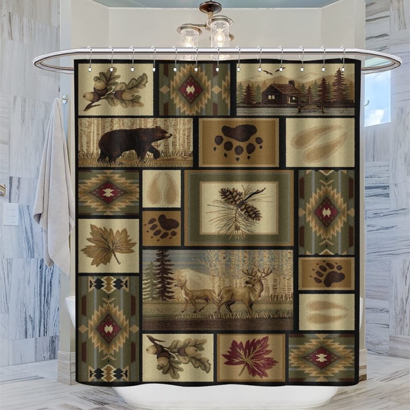 Retro Rustic Shower Curtain, Moose Deer Bear Leaf Tree Country