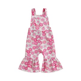 Lefyira Baby Girl Bell Bottom Romper Floral Flare Jeans Jumpsuit Toddler Denim Overalls Suspender Pants Fall Winter Clothes (Pink, 2-3 Years)