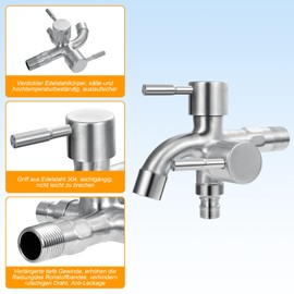 Double Tap, OJTOJT Stainless Steel Double Tap, 1/2 Inch Tap Washing Machine, Garden Tap - Ideal for Washing Machine, Garden, Kitchen & Bathroom