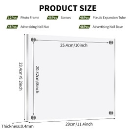 LECEHIVO 12 Pcs Acrylic Floating Picture Frame 9.2" x 11.4" Wall Mount Frameless Double Panel Clear Photo Frames for Display Office Home Photography (Silver)