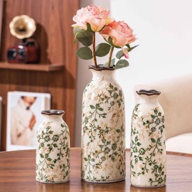 Ceramic Vase Set of 3, Vintage Green and Beige Vases Set, Flower Rustic Chinoiserie Vases Floral Grand Millennial Farmhouse Decor Vase for Home Decor, Living Room, Kitchen, Bedroom, Bookshelf