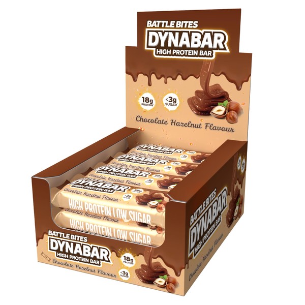 Battle Bites Dynabar High Protein Bars 12 x 60g - Chocolate Hazelnut Flavour - Low in Sugar, Free from Preservatives, Non-GMO, Suitable for Vegetarians - 18g protein + 219 calories per bar