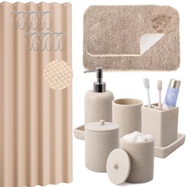 21 Pcs Bathroom Accessory Set with Waterproof Shower Curtain and Non Slip Mat,Resin Bath Set with Toothbrush Holder and Lotion Soap Dispenser,Bathroom Countertop Organizer Set for Home Apartment