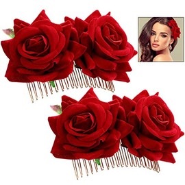 iwobi Damen Rose Blume Handarbeit Braut Hochzeit Haarkamm Haarschmuck (Rot)