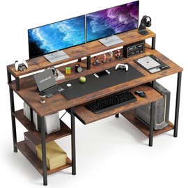 VERMESS 48Inch Computer Desk, Home Office Desks with Keyboard Tray, Gaming Desk with CPU Stand Shelf,Industrial Study Table Wide Writing Desk with Storage Shelves for 2 Monitors, Rustic Brown