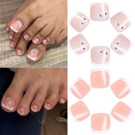 2 Packs 48Pcs French Tip Press on Toenails Short Square Fake Toe Nails Flowers Rhinestone Design Glossy Acrylic False Toenails Full Cover, Glue Stick On Nails for Women's Manicure