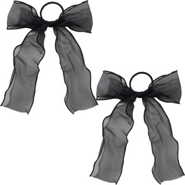 STSTR 2Pcs Large Bow Hair Ties, Black Organza Ribbon Bow Hair Scrunchies for Women, Elegant Long Tail Bowknot Ponytail Holder French Hair Accessories for Wedding, Parties, Festivals