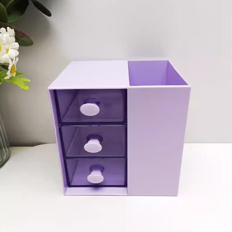 AIMALL 3-Drawer Pen Organizer, Multi-Purpose Purple Storage Box, Plastic Cosmetic