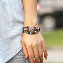 Dmaiy Vintage Bohemia Bracelets Leather Beaded Bracelet Hand Woven Bracelets Multilayer Charm Wrist Jewelry for Women and Men (Black)