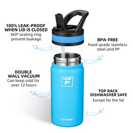 Fanhaw 14 Oz Kids Insulated Water Bottle with Straw Lid – Stainless Steel Double Wall Vacuum, Leak-Proof, BPA-Free Water Bottles for School Boys & Girls(Sky Blue)
